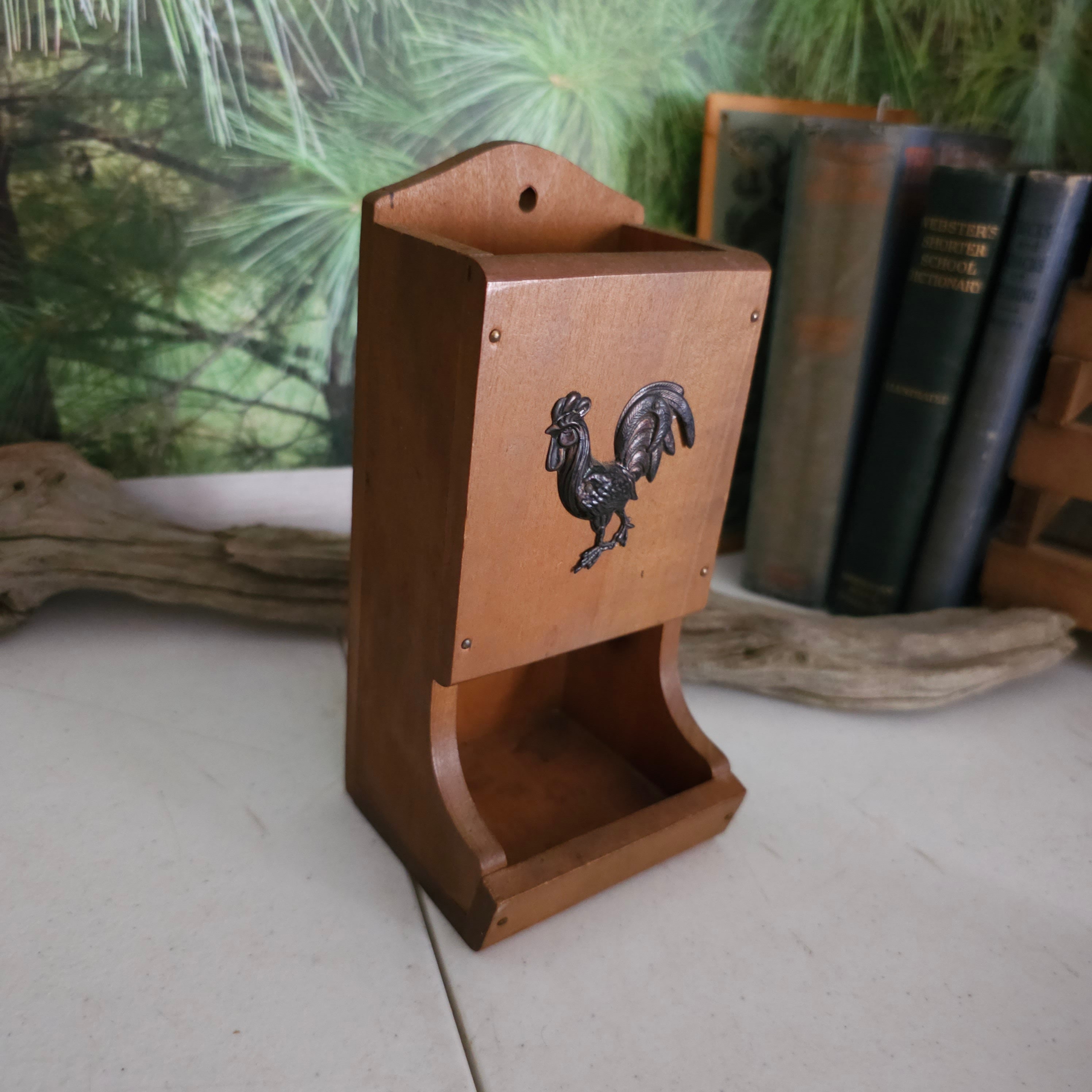 V G JAPAN Wood Matchbox Holder Handcrafted With Copper Rooster