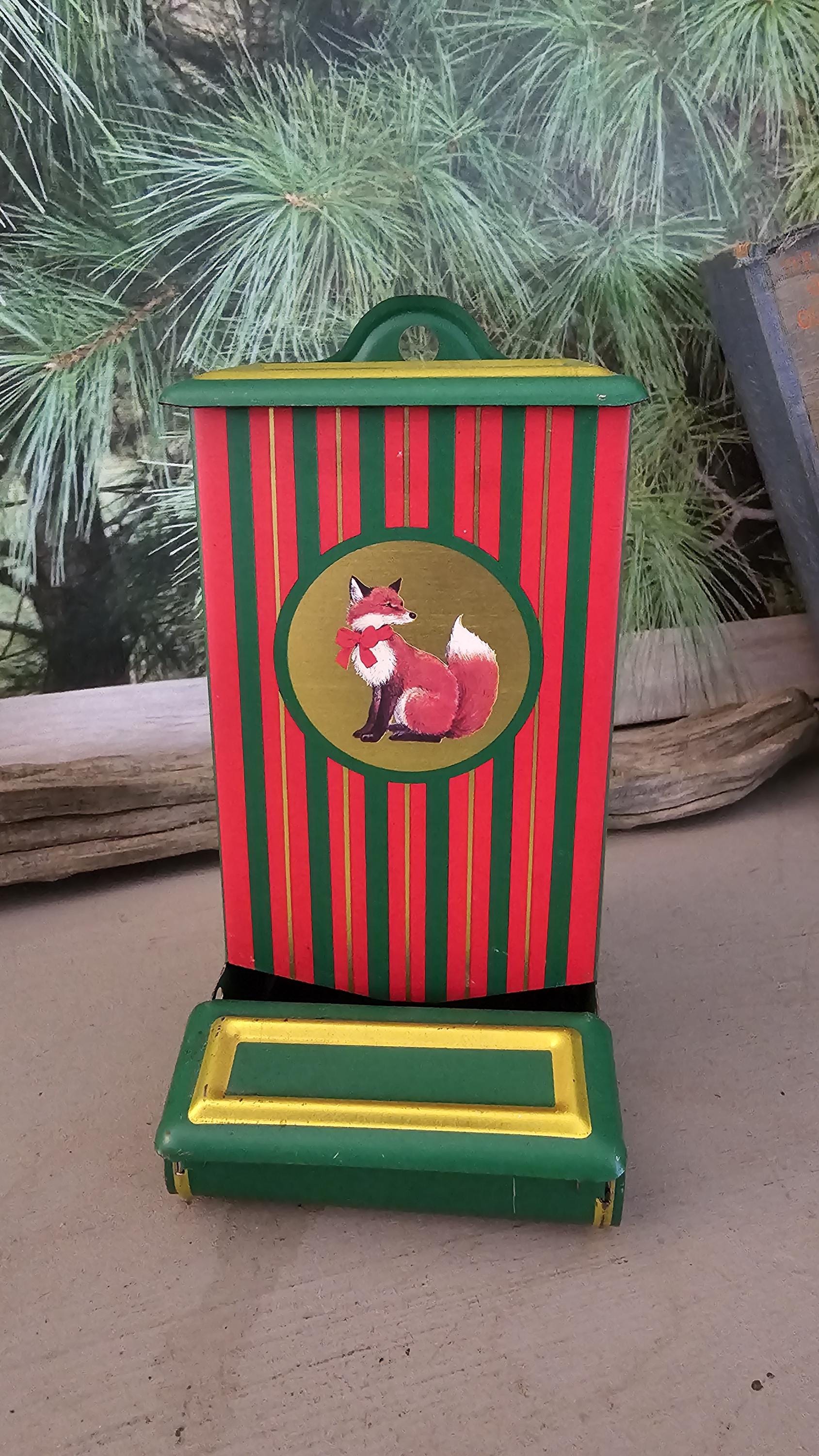 Vintage Metal Fox Matchbox Holder: Red & Green Cabin Decor #4484