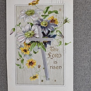 The Lord Is Risen Silver Cross & Flowers Antique Postcard Embossed Printed In Germany Collectible Ephemera