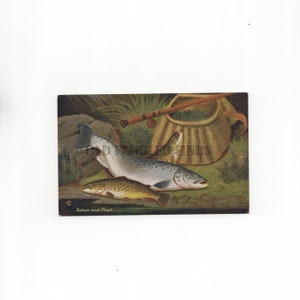 Cartão postal antigo de salmão e truta para download digital e cesta de pesca / Arte de cartão postal digital