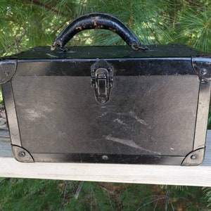 Distressed Wood & Metal Tool Box with Leather Handle / Vintage Tool Case Leather, Wood and Metal   #1234