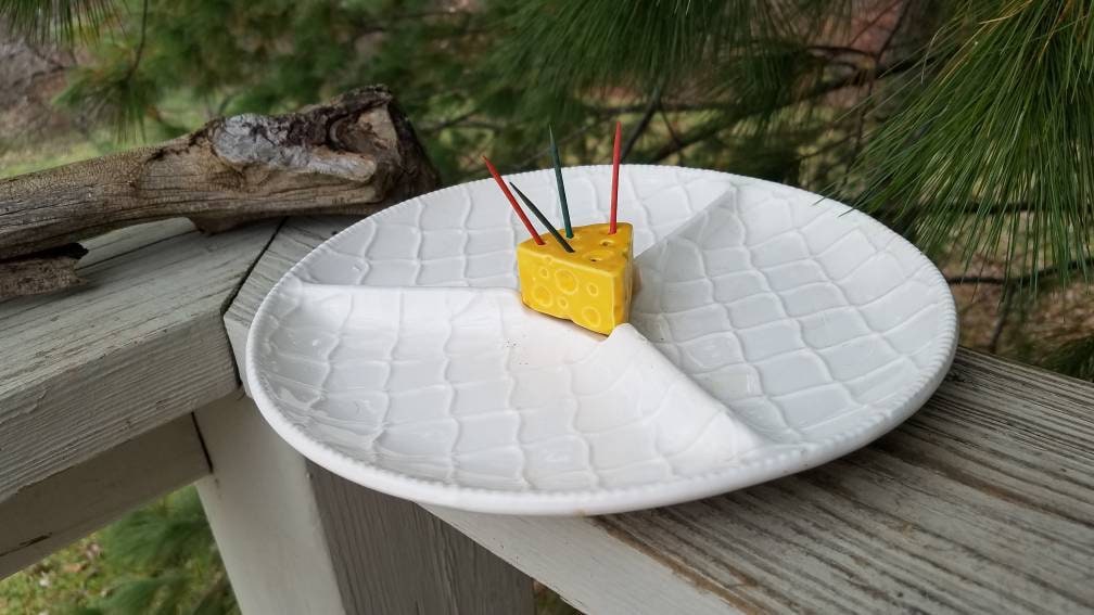 Vintage Divided Ceramic Cheese Plate With Toothpick Holder, Made