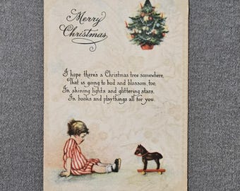 Merry Christmas Postcard Child with Toy Horse & Christmas Tree Collectible Ephemera