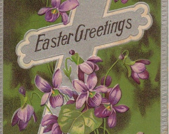 Easter Greetings on Silver Cross with Purple Flowers Vintage Postcard Collectible Ephemera
