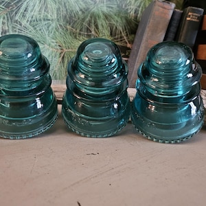 Hemingray 42 Aqua Green/Blue Insulators Set of 3, Antique Glass Telegraph Insulators, Distressed Rustic Home Decor   #4746