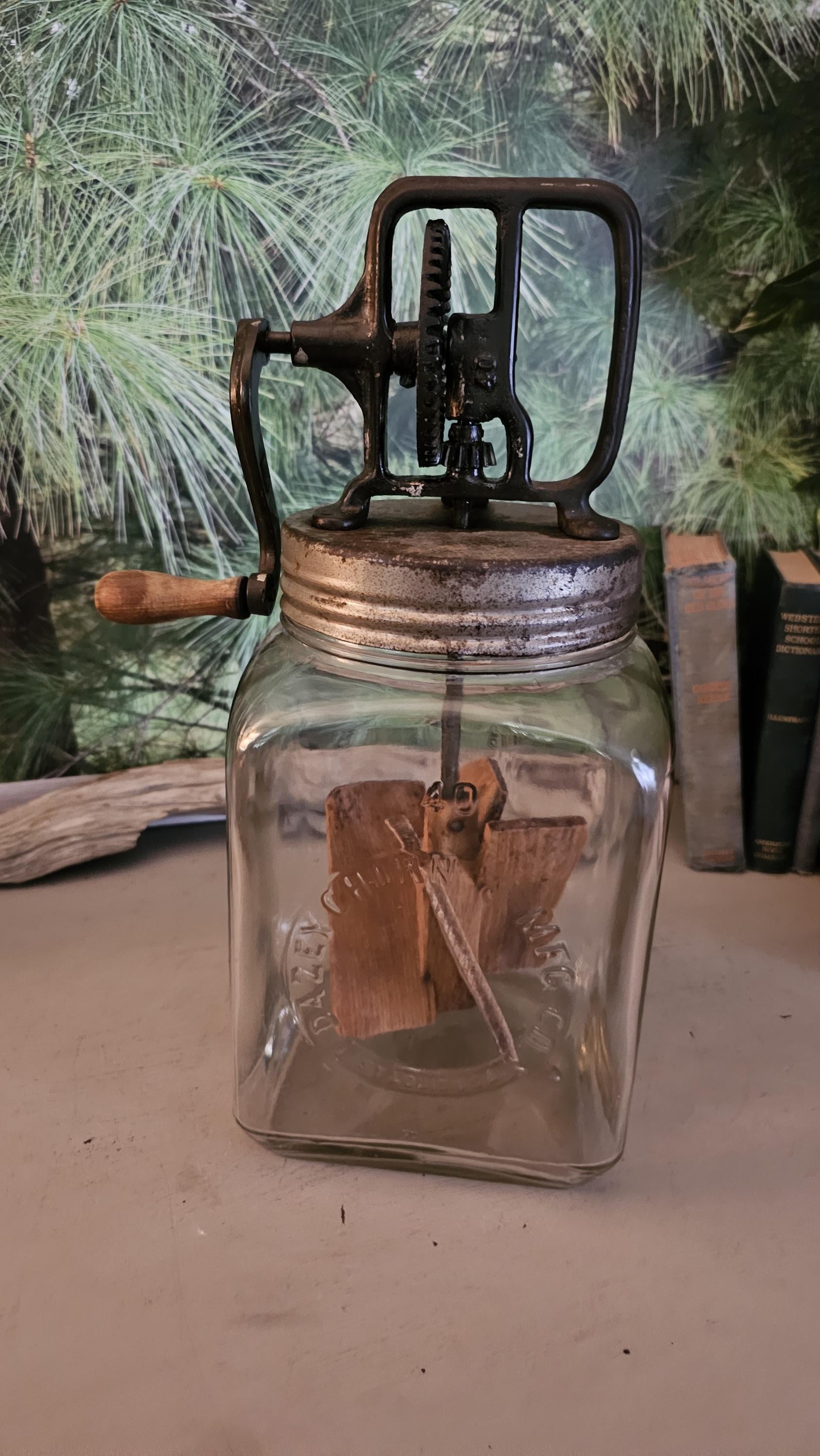 ヴィンテージボトル Antique Dazey No. 40 Glass Butter Churn Square Jar With Wood