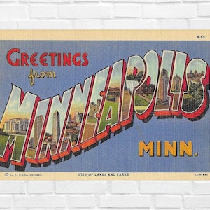Salutations de téléchargement numérique de MINNEAPOLIS MINN. Carte postale en lin City Of Lakes & Parks des années 40, fournitures pour scrapbooking imprimable, art mural