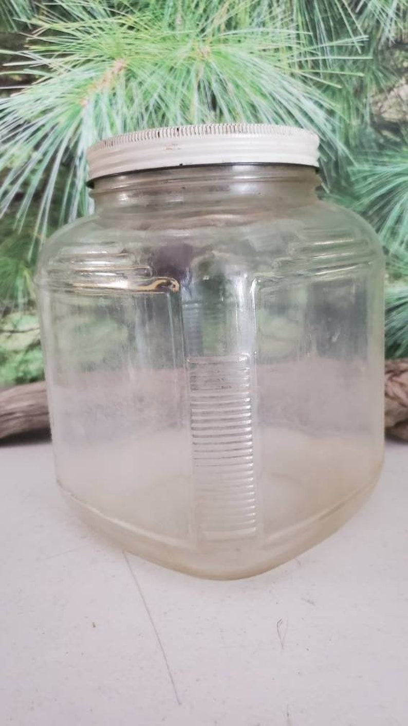 May include: A clear glass jar with a white lid. The jar has a square shape and a textured surface.