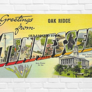 Digitale download Greetings From Oak Ridge TENNESSEE jaren 30 linnen ansichtkaart 5,5 x 3,5 inch