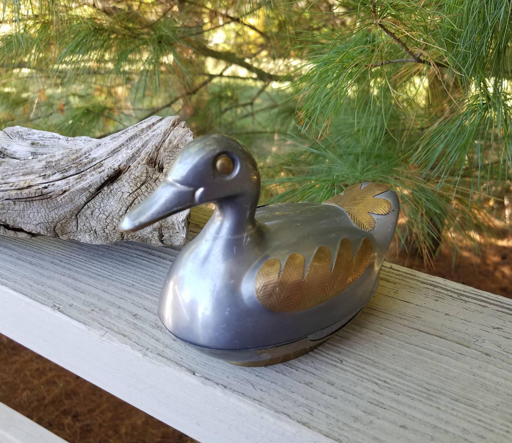 Pewter & Brass Duck 2 Piece Trinket Holder Vintage Duck Jewelry