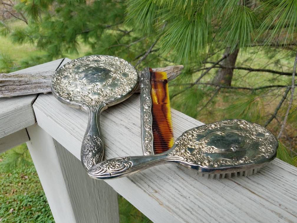 Silver 950 手鏡 アンティーク 骨董 銀製 箱付き レトロ 貴重 Art Nouveau Silver Plate Vanity Set: Hand Mirror (no Glass), Brush