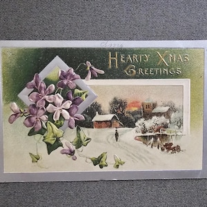 Happy Xmas Greetings Postcard with Snowy Country Village Scene Embossed Collectible Ephemera