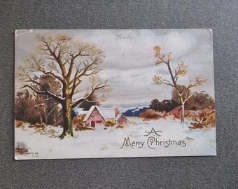 May include: Vintage Christmas postcard featuring a winter landscape with snow-covered trees and a small house. The postcard has the text "A Merry Christmas" in elegant script, evoking a sense of nostalgia and holiday cheer.