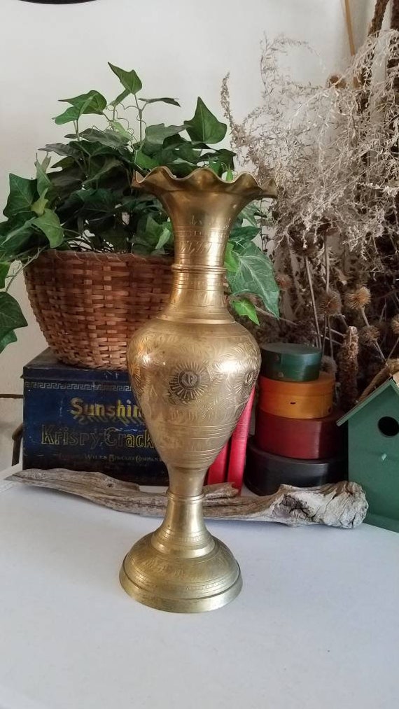 Tall Brass Vase With Intricate Etched Design Vintage Home Decor Mid Century  