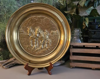 Vintage Lombard England Brass Wall Plate: Embossed Horses & Farmer