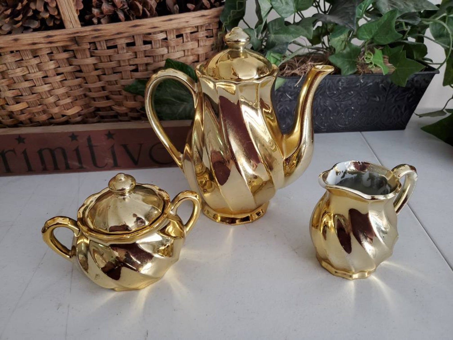 Japan Ceramic Teapot Set With Creamer & Sugar Bowl Gold Paint Etsy