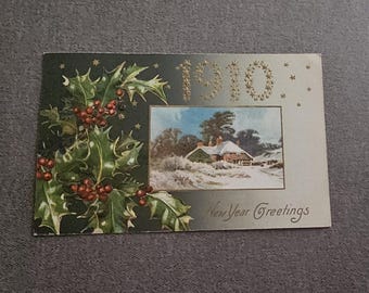 Antique 1910 New Year Postcard: Embossed Holly & Winter Cottage