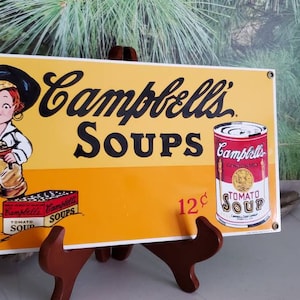 Letrero de porcelana CAMPBELL'S SOUP Ande Rooney amarillo, rojo y negro / Letrero de sopa de tomate Campbell's Pirate Boy n.° 2703
