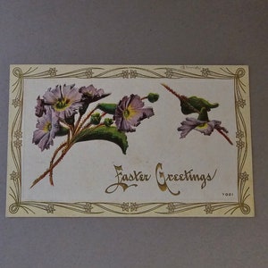 Easter Greetings Purple Flowers & Gold Border Antique Postcard Collectible Ephemera Flower Easter Vintage Postcards