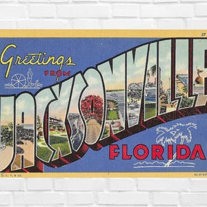 Digitaler Download Grüße von JACKSONVILLE FLORIDA 1940er Jahre Leinen Postkarte druckbare Scrapbook Versorgung Wandkunst