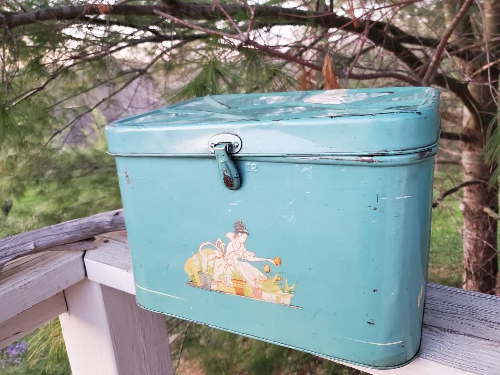 Vintage Green Metal Bread Box: Distressed Farmhouse Kitchen Decor