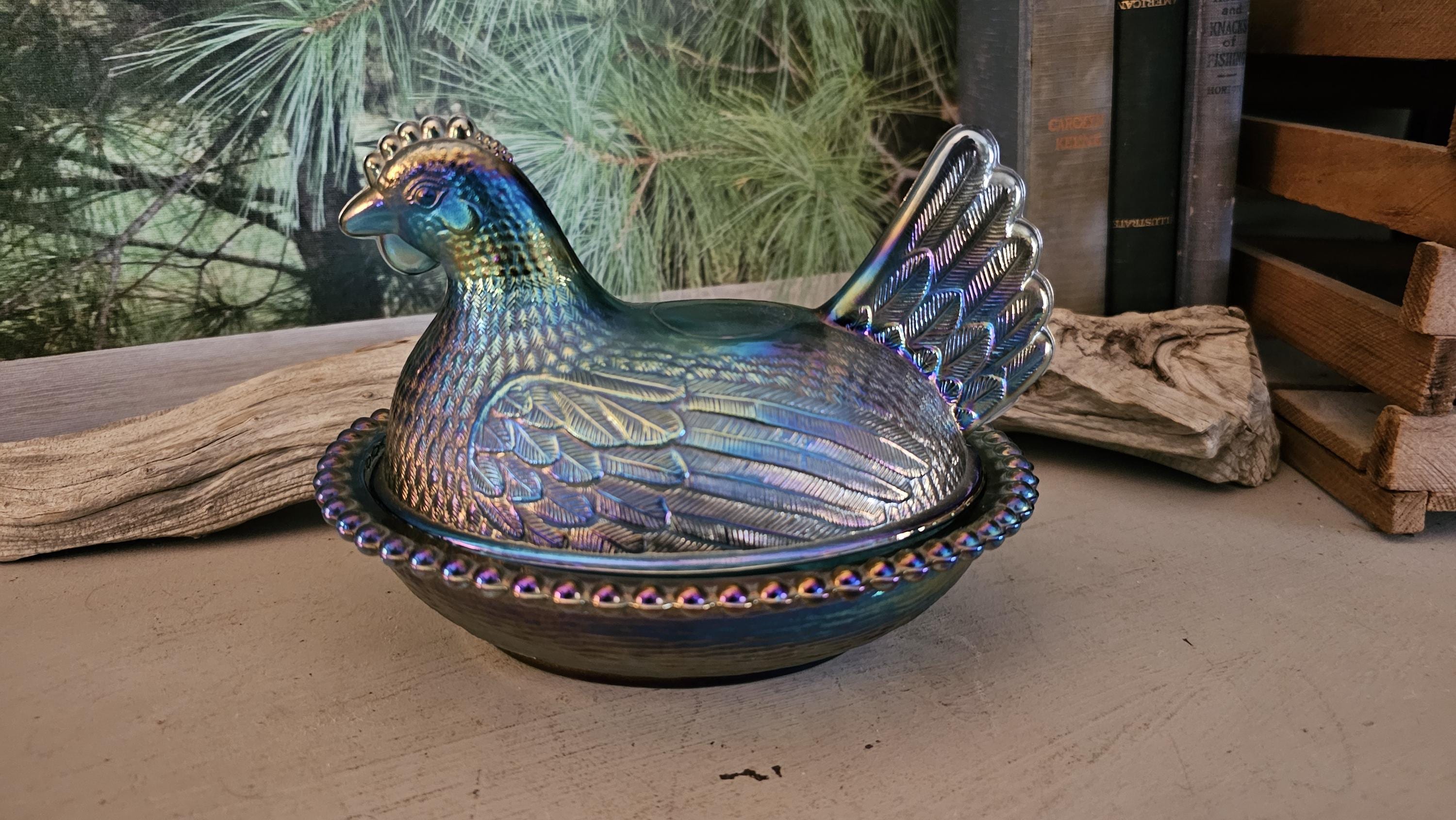1970s Amethyst Iridescent Blue/purple Carnival Glass Chicken Hen
