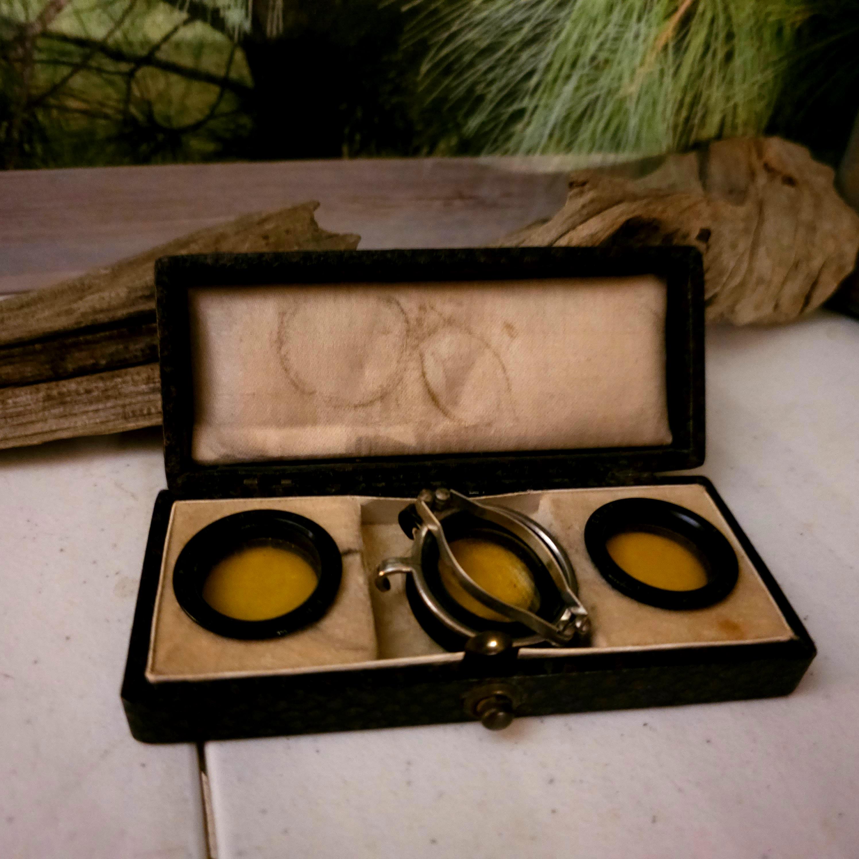 Set of 3 Vintage Yellow Rhaco Orthoplan Gelbfilters in Case No. 1, No. 2, No. 3 Made in Germany  #3611