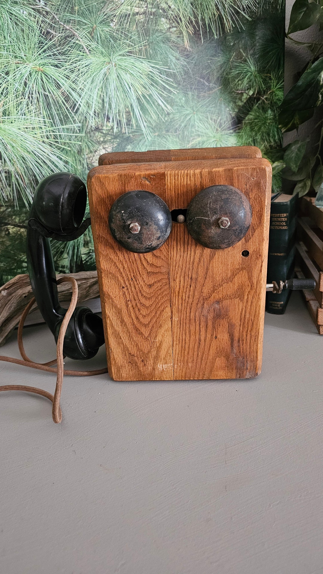 1900s Oak Hand Crank Wall Phone Dean Electric Company Dovetail