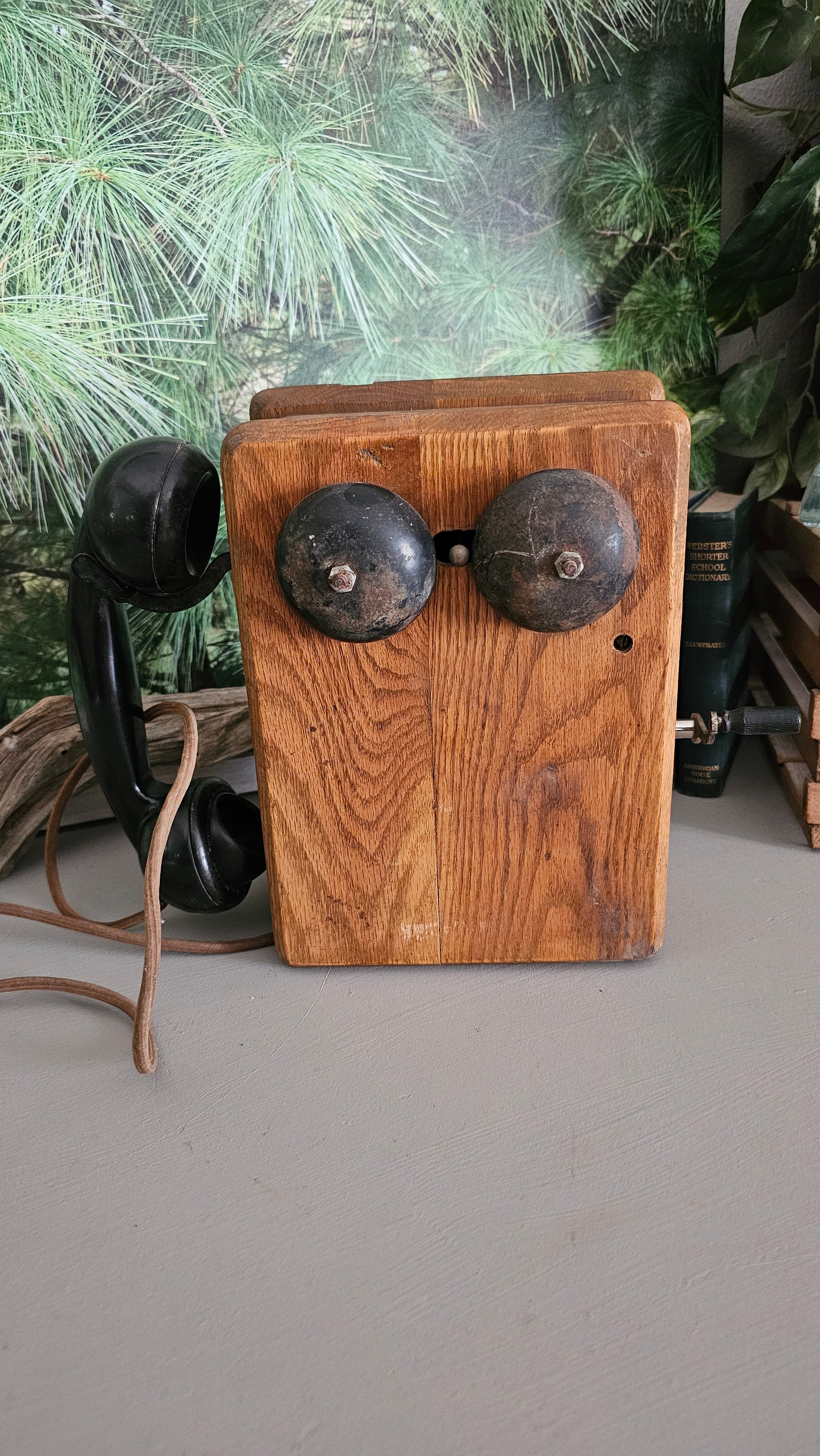 1900s Oak Hand Crank Wall Phone Dean Electric Company Dovetail