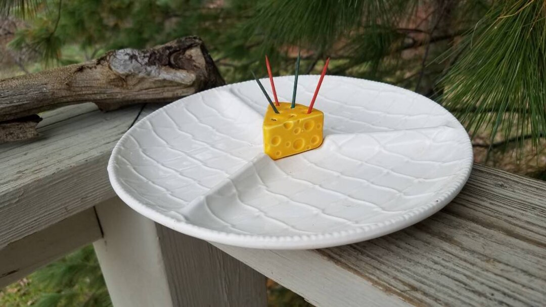 Divided White Ceramic Cheese Plate With Cheese Toothpick Holder in the