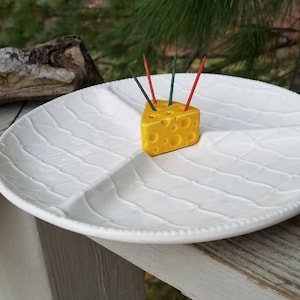 Divided White Ceramic Cheese Plate with Cheese Toothpick Holder In The Center Japan Vintage Ceramic Cheese Platter