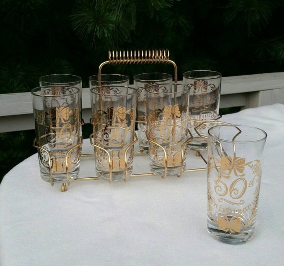 FULL SET of 8 Vintage Anniversary Glasses 8 Tall Drinking Glasses / Tumblers  With a Gold Gilded Design and 'happy Anniversary'. 