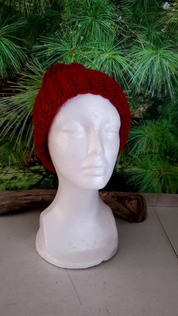 Handmade Hand Crafted Knit Messy Bun Hat adult/teen size red KNITTING PATTERN Ponytail Hat,messy Bun Hat,teens,women Knit  main image 2
