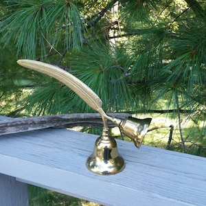Brass Feather Handle Letter Opener with Double Bells Made in England Decorative Hand Bell