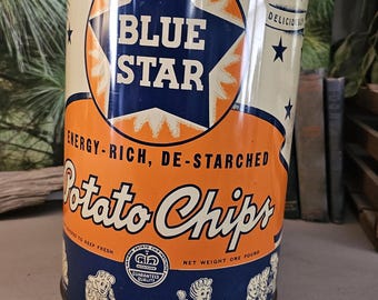 Vintage Blue Star Potato Chip Can: Rockford, Illinois Storage Tin 