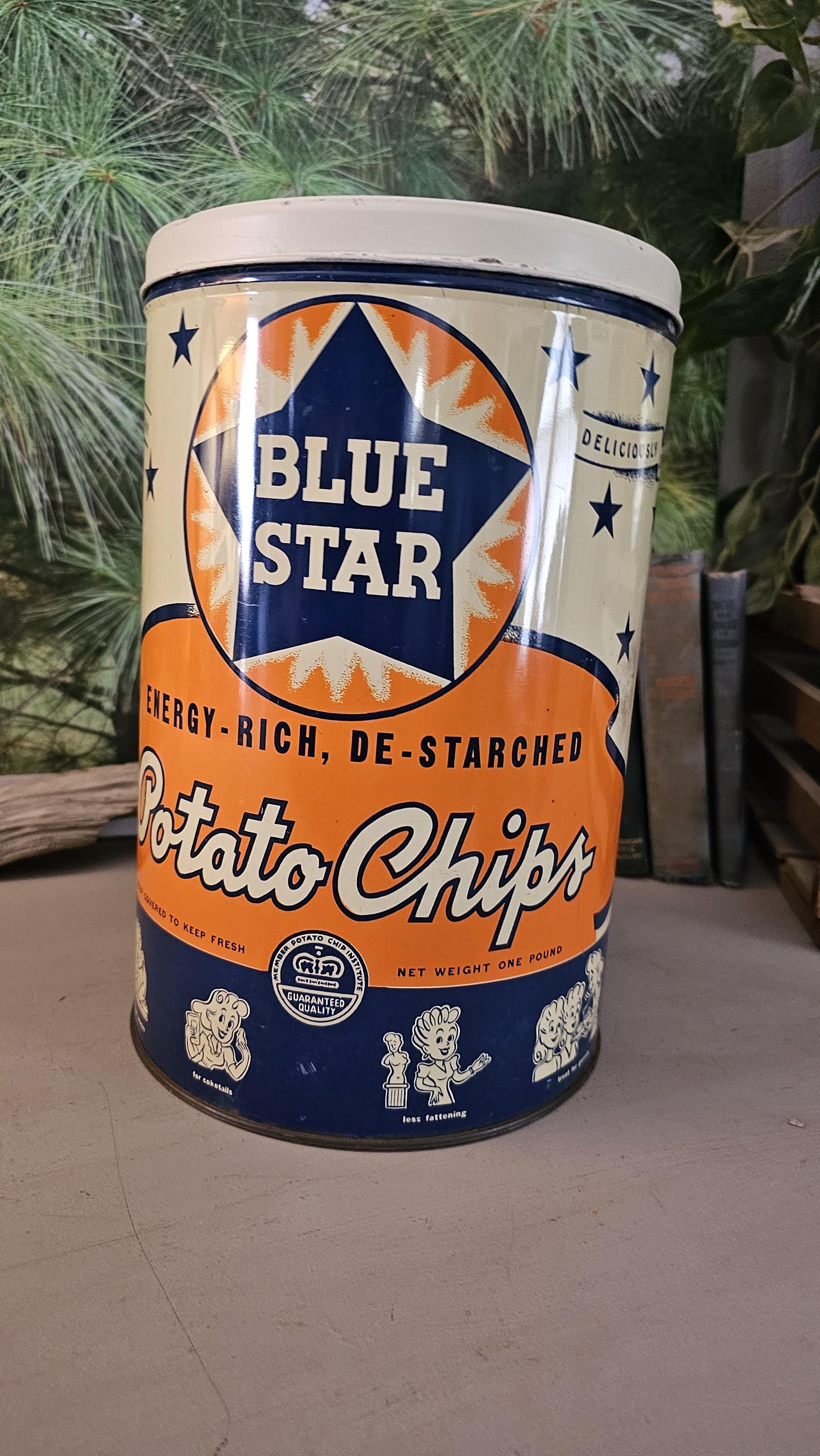 Vintage Blue Star Potato Chip Can: Rockford, Illinois Storage Tin 