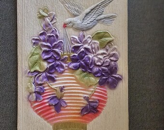Antique Embossed Airbrushed Postcard: Purple & Pink Dove Ornament
