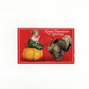 Digital Download Antique Hearty Thanksgiving Greetings Truthahn, Kind & Kürbisrot Postkarte / Digitale Postkarte