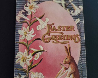 Easter Greetings Rabbits & Flowers Postcard / Vintage Easter Postcard