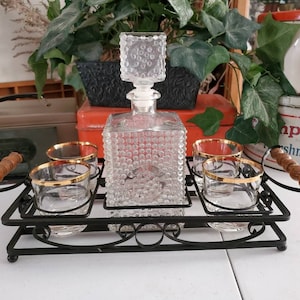 9 Piece Pressed Glass Rectangle Decanter with Gold Rimmed Glasses & Shot Glasses in Black Steel Footed Rack Retro Man Cave Bar Ware
