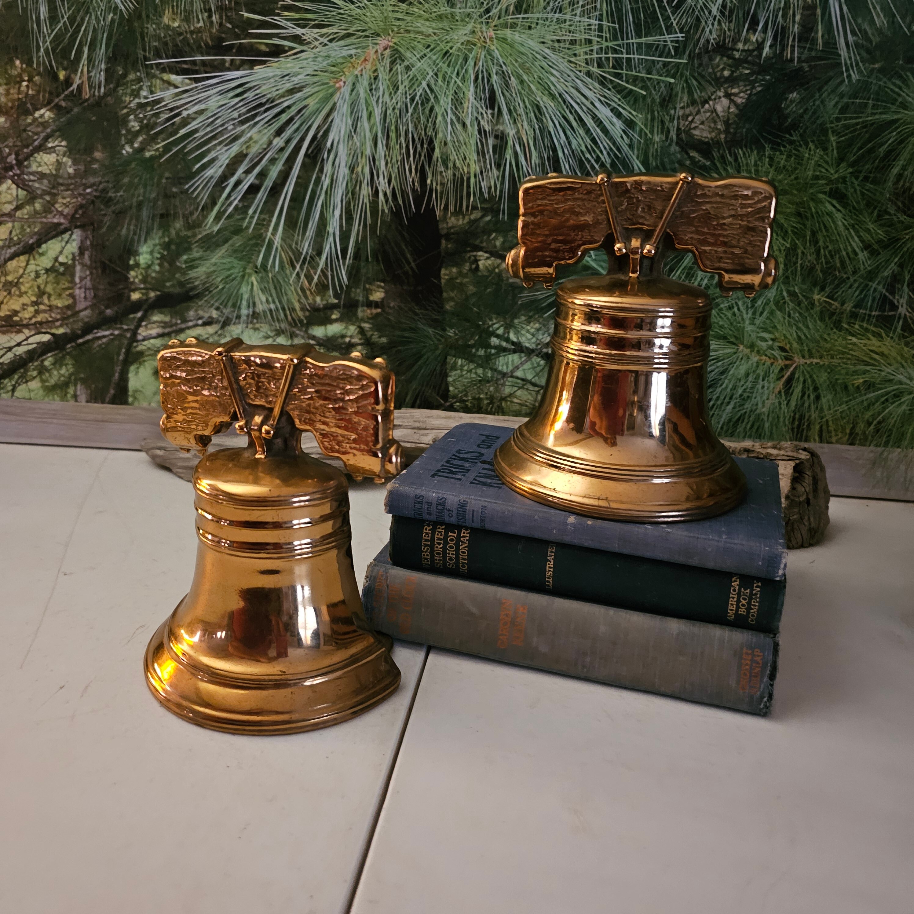 Vintage Solid Brass Liberty Bell Bookends: Metalcrafters Office