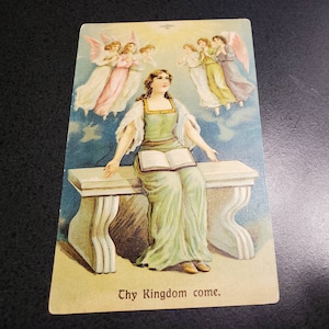 Antique Postcard with Angels, Lady on a Bench & Thy Kingdom Come  Vintage Embossed Postcard by The Rose Company Collectible Ephemera