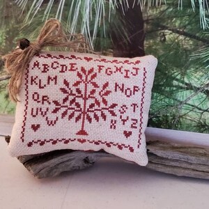Sampler Redwork Cross Stitch Mini Pillow with Jute Bow, Pin & Rusty Bell Primitive Home Decor Bowl Filler Made to Order