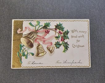 Antique Christmas Postcard: Bells, Mistletoe, Holly - 1905 Ephemera