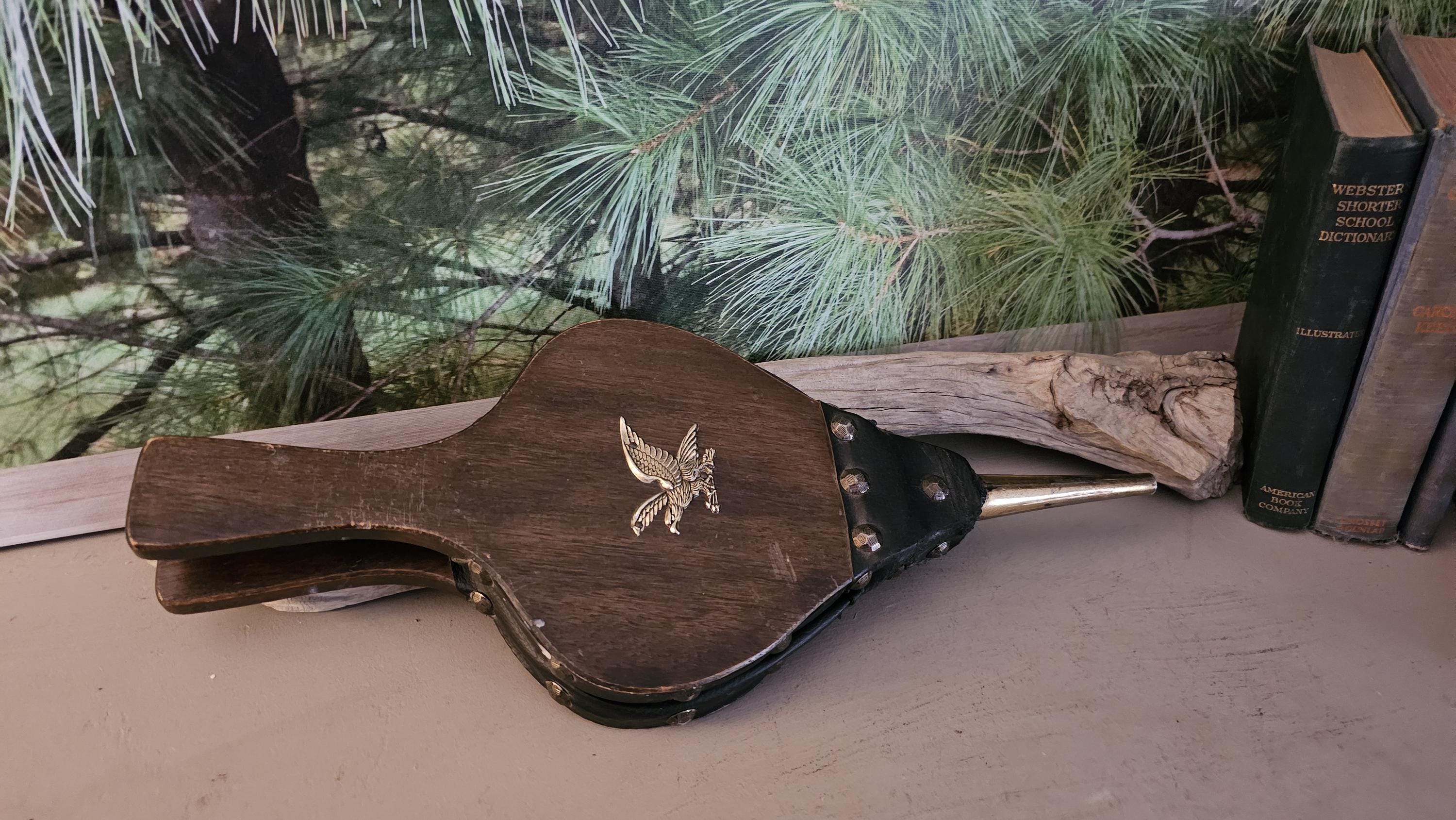 Soufflet De Cheminée Ancien En Bois, Cuivre Et Cuir – Marocain – Manuel – Bon état