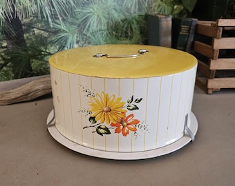 Porte-gâteau en métal décoware des années 50 : marguerites, rayures jaunes, poignée # 5072