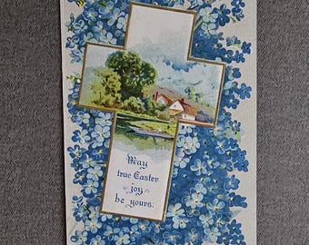 Vintage 1910s Easter Postcard: Blue Forget-Me-Not Flowers, Cottage Scene