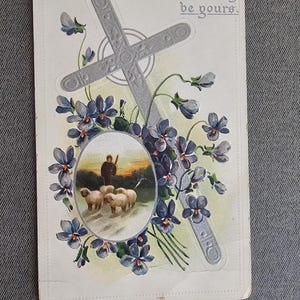 All Easter Joy Be Yours Silver Cross, Flowers, & Sheep with Shepherd Antique Raphael Tuck Postcard Embossed Collectible Ephemera