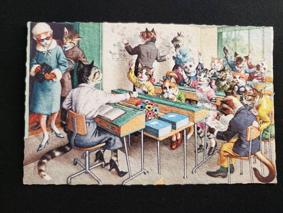 Alfred Mainzer Cats in a Classroom Postcard / Printed in Belgium