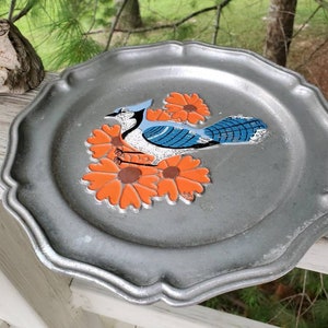 York Metalcrafters Pewter Painted Bluejay & Flowers Plate / Vintage Home Decor #1104